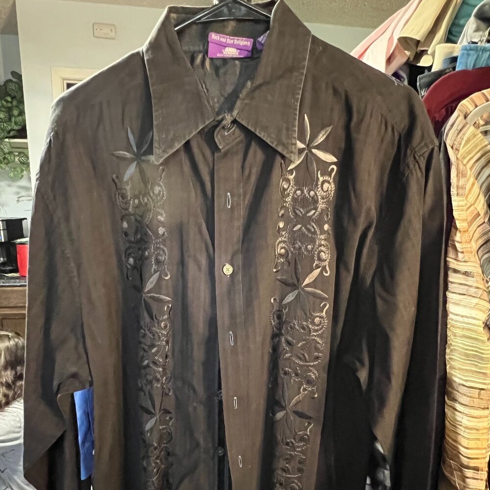 Jimi Hendrix Experience Black w Embroidery Men's Long-Sleeve Button-Up SZ XXL